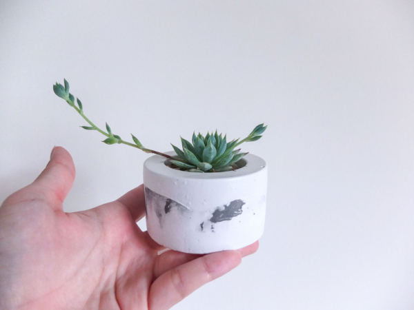 handmade grey marbled cement planter with succulent